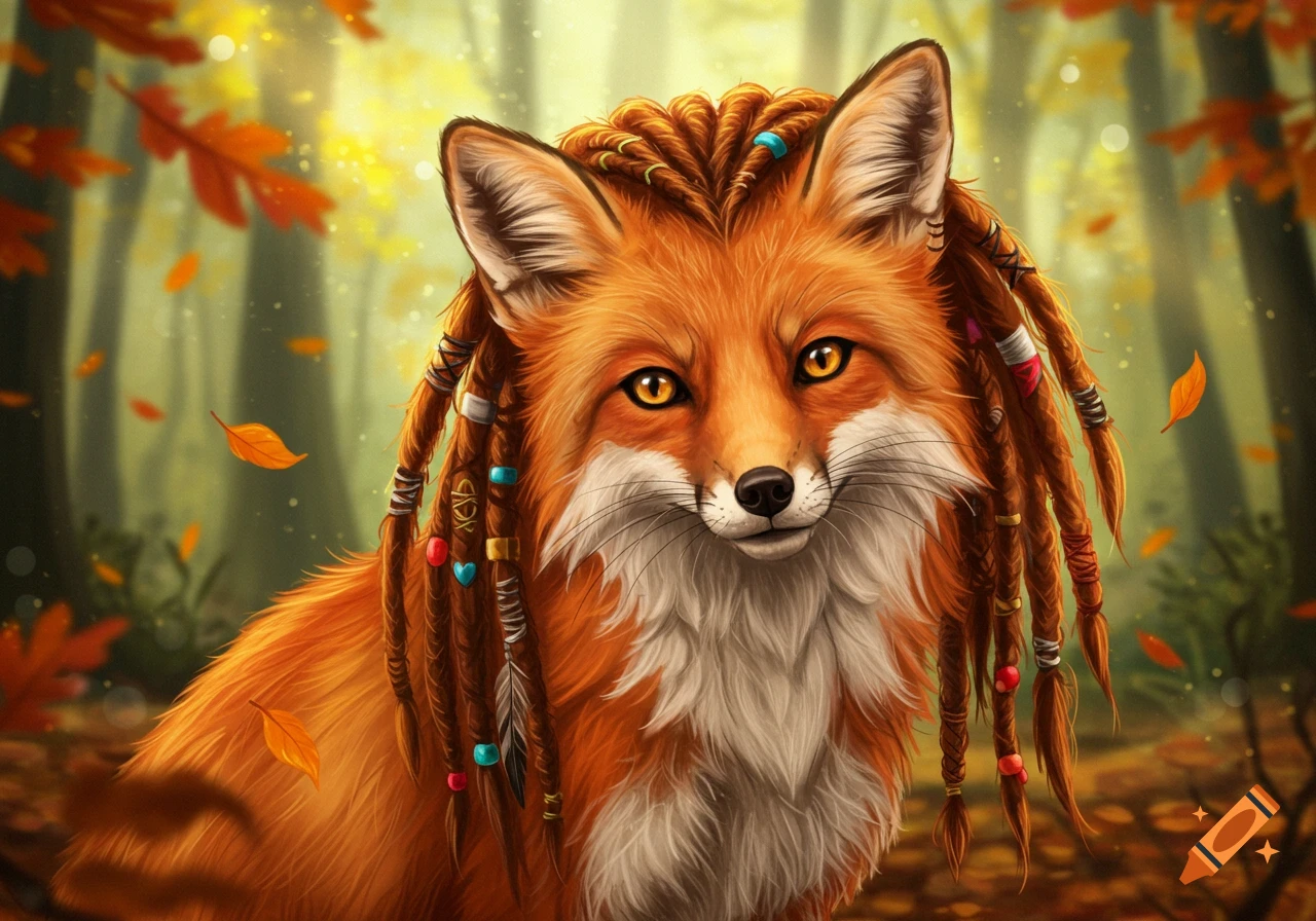 A vibrant digital painting of an orange fox with detailed dreadlocks adorned with colorful beads, set in an autumn forest.