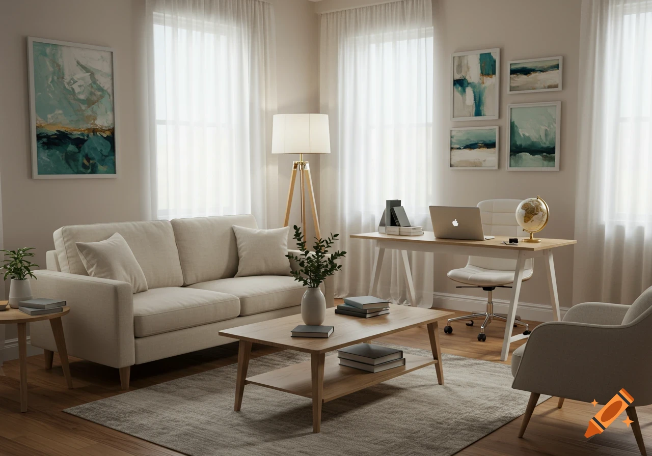 A modern and inviting home office with a beige sofa, wooden coffee table, floor lamp, and a desk with a laptop and globe.