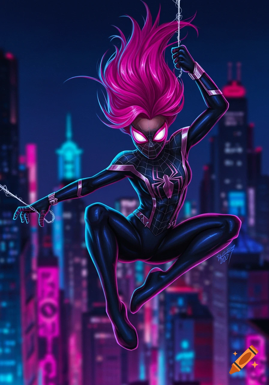 A female superhero with vivid pink hair in a black and pink suit swings through a neon-lit city at night.