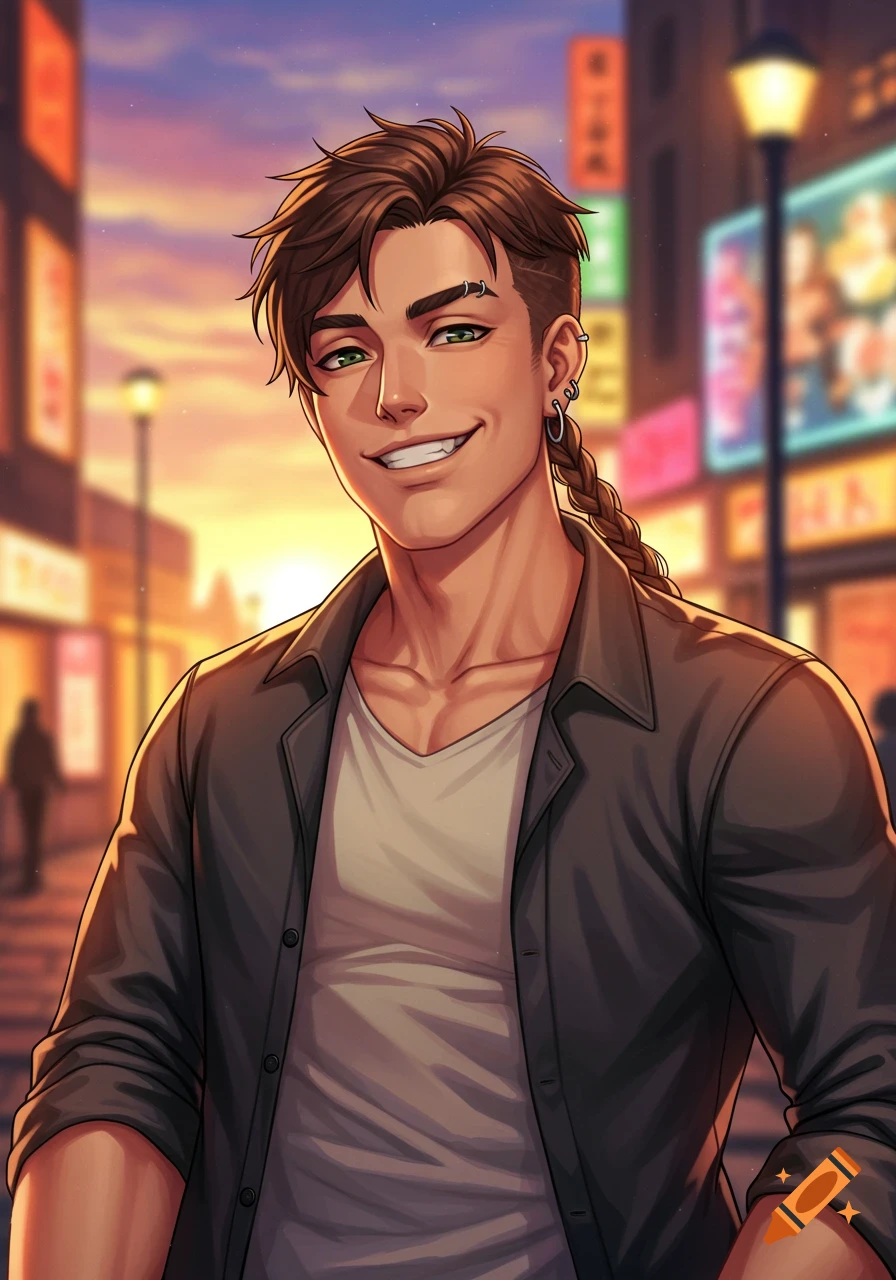 A smiling anime male character with brown hair, green eyes, and piercings, wearing a dark jacket over a white shirt, stands on a city street at sunset.