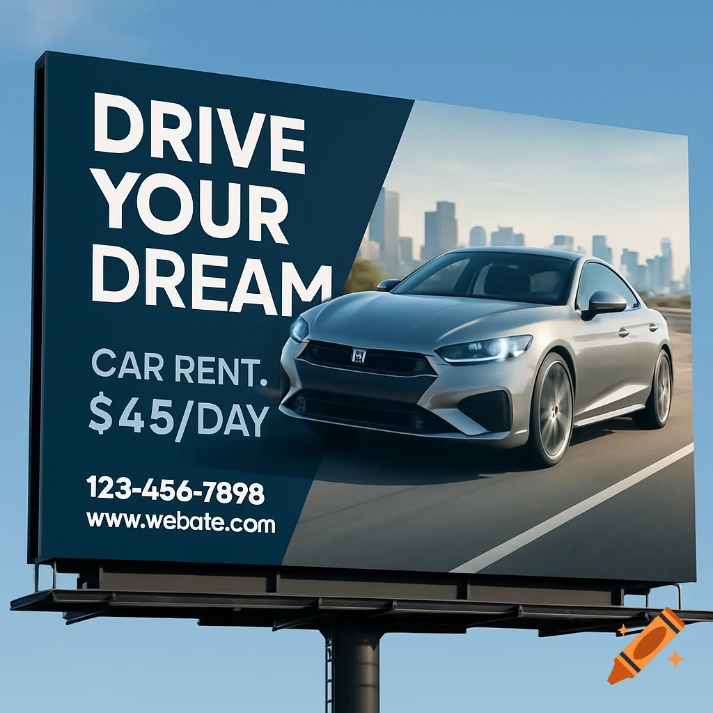 A large billboard advertises car rental with text 'DRIVE YOUR DREAM' and a silver car on a road with a city skyline.
