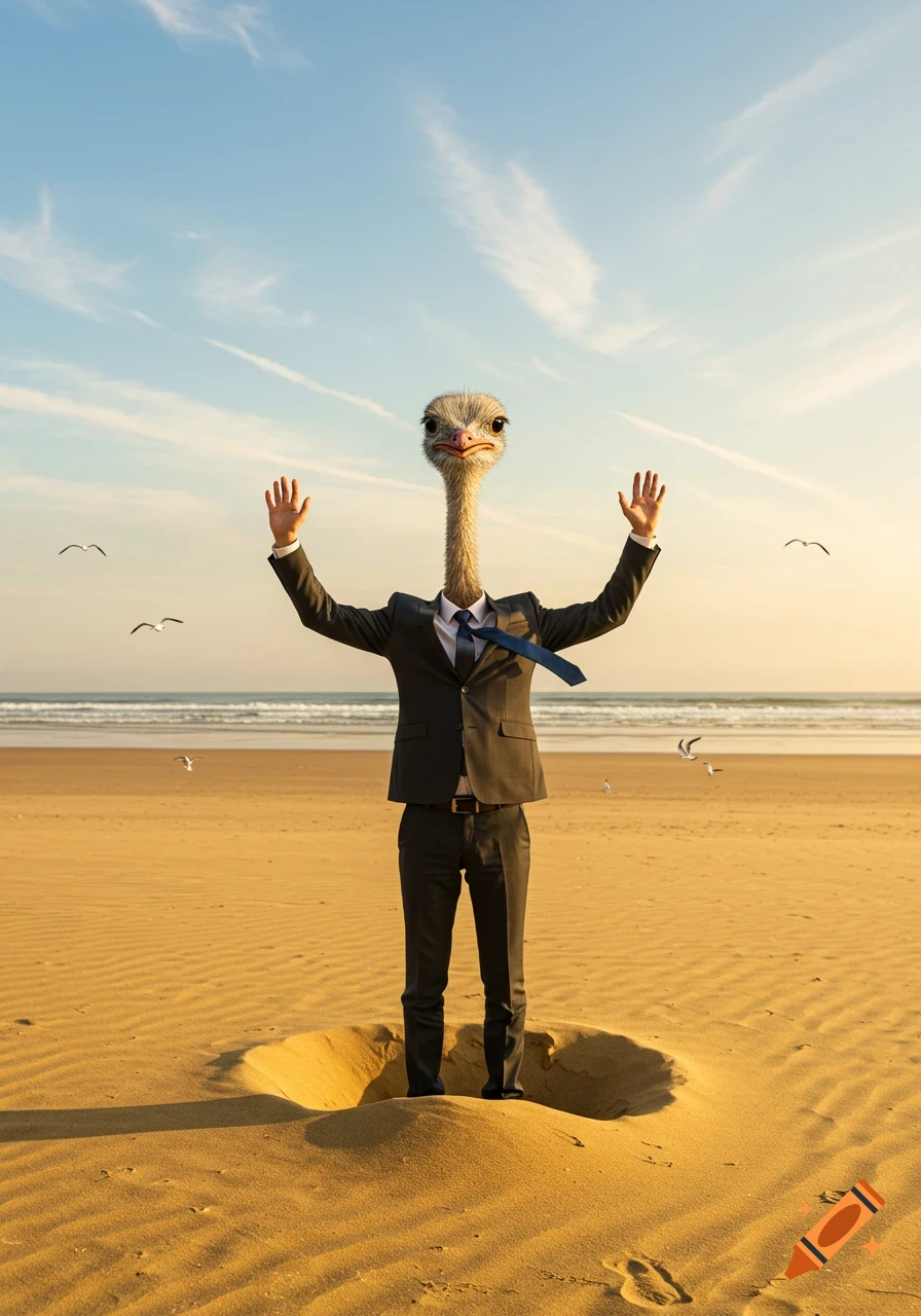 An ostrich head on a man in a business suit with raised arms, standing in a hole on a sandy beach at sunset.