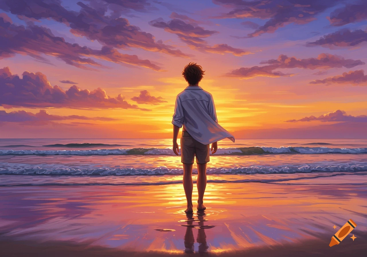 Stylized digital art of a young man standing on a wet beach at sunset, looking at the vibrant orange and purple sky.