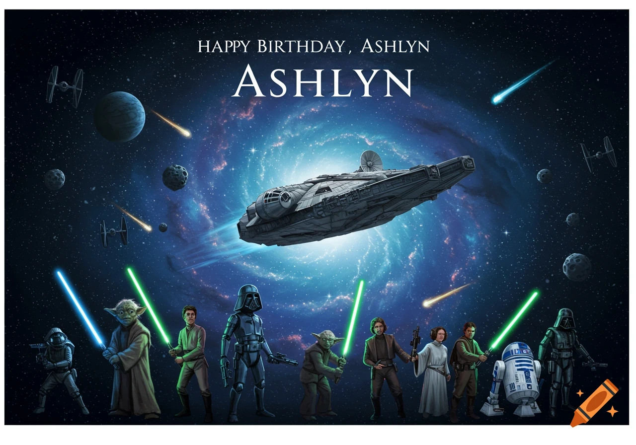 Star Wars characters and the Millennium Falcon in space with 'Happy Birthday, Ashlyn' text.
