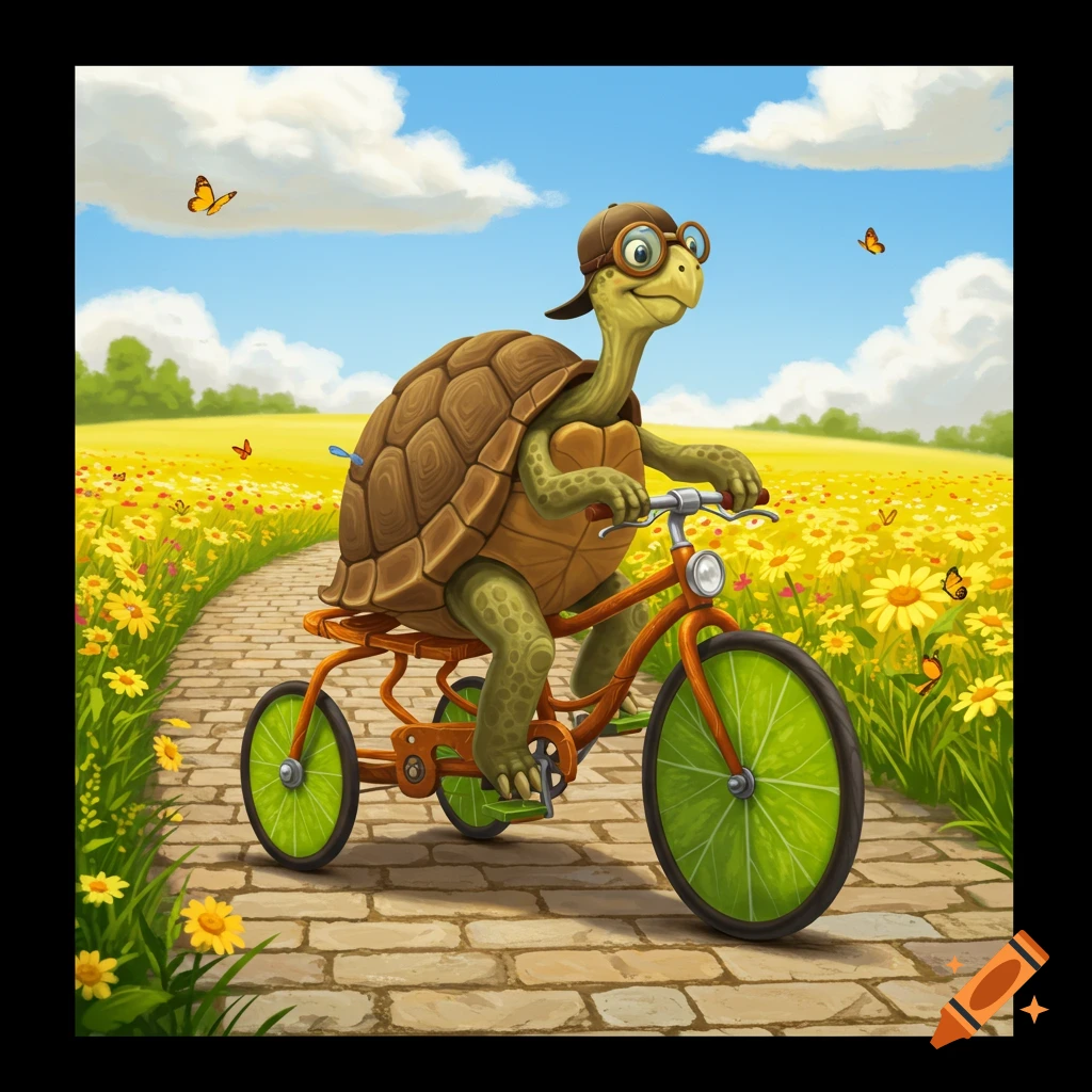 A happy cartoon turtle wearing goggles and a cap rides a tricycle on a brick path through a sunny field of yellow flowers.