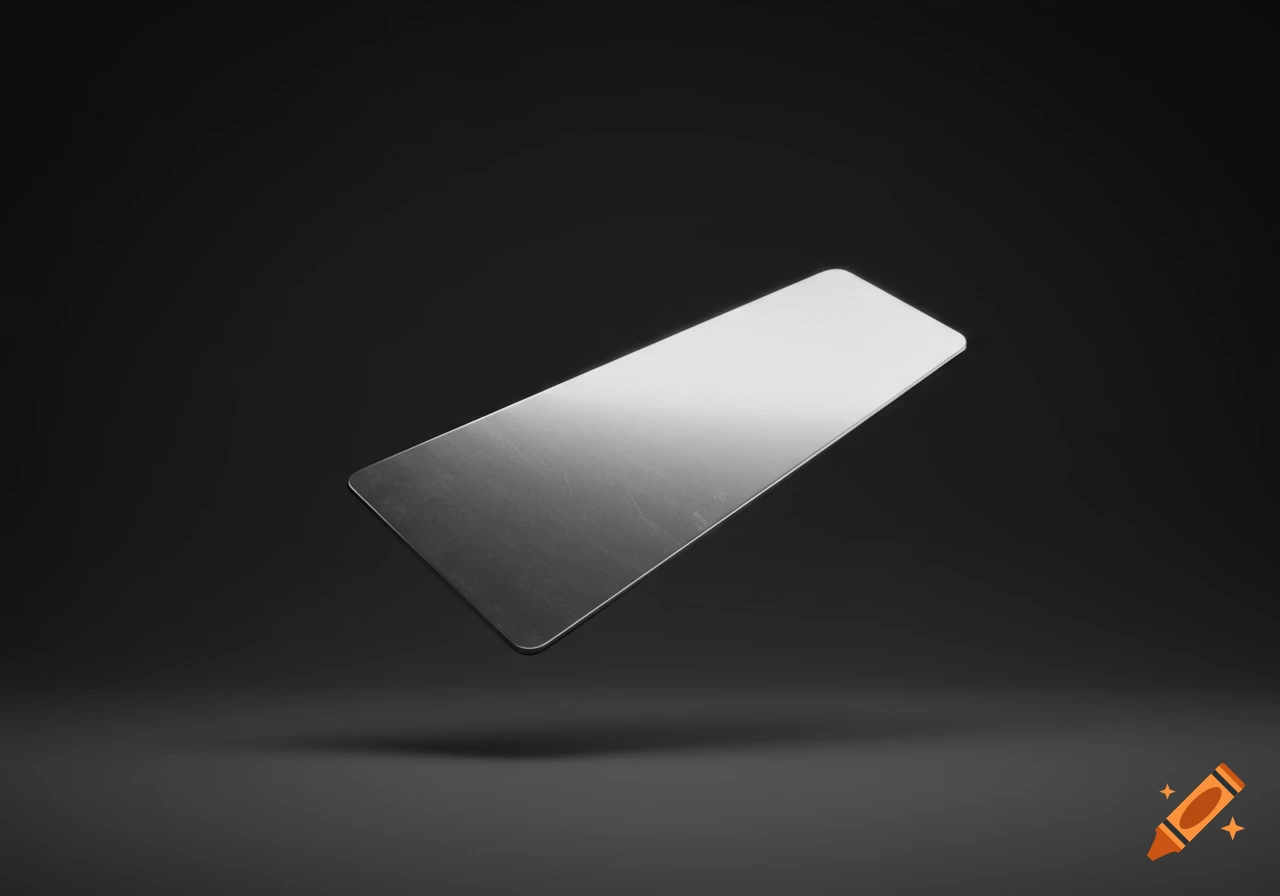 A shiny silver rectangular metal plate floats diagonally against a dark background.
