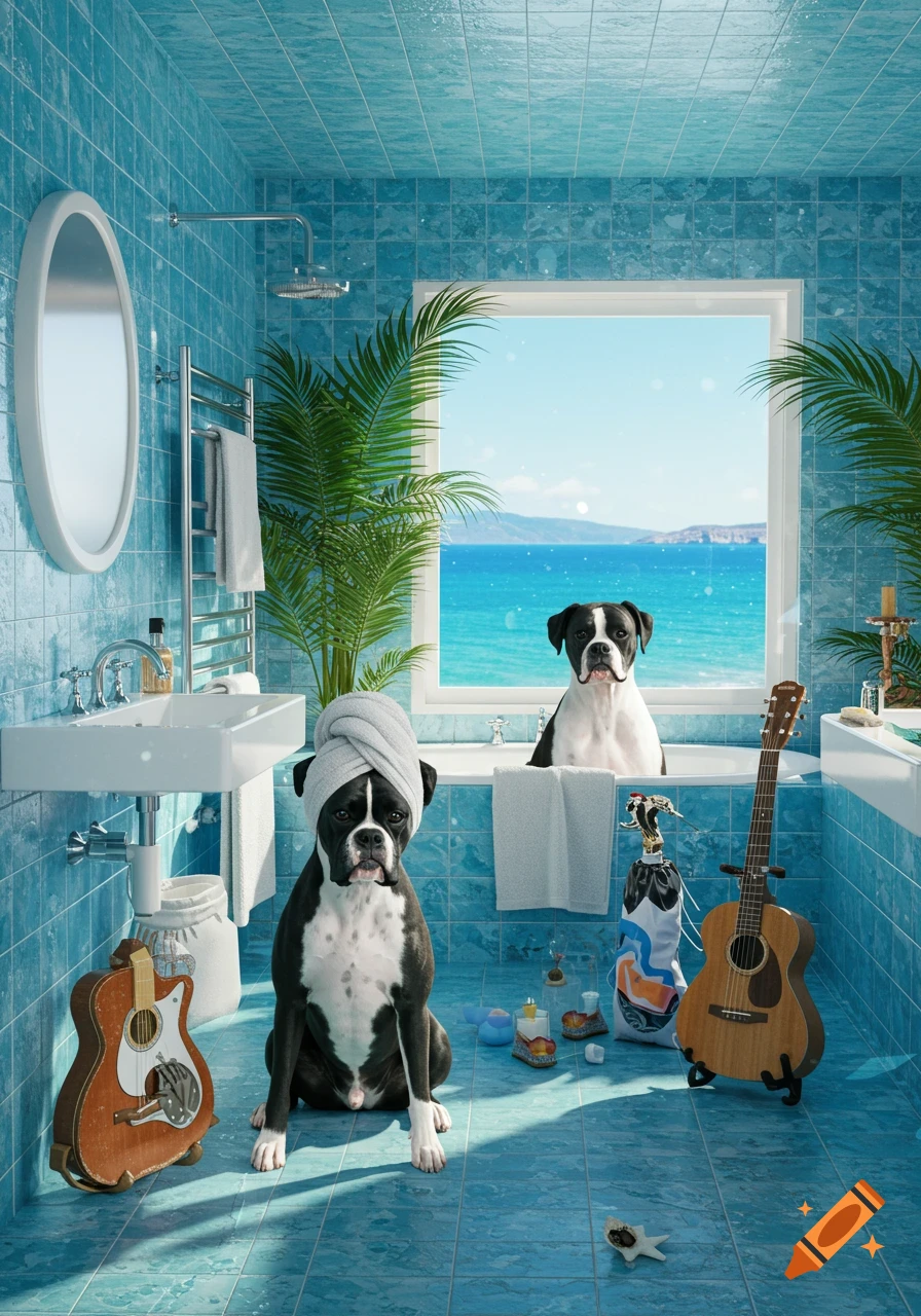 Two boxer dogs in a blue tiled bathroom, one with a towel, one in a tub, overlooking the ocean, with tropical plants and guitars.