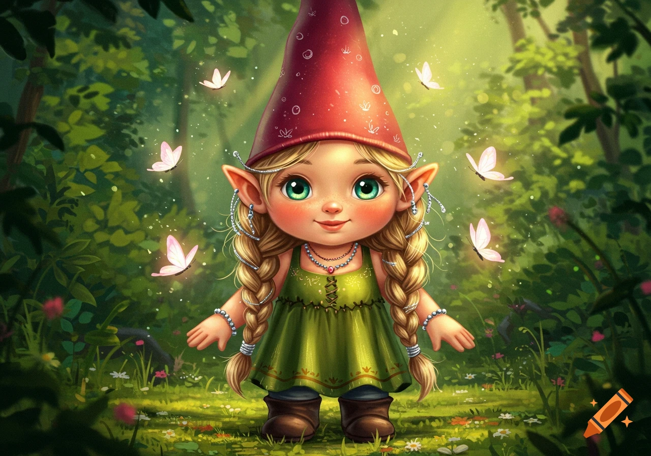 Cute blonde gnome girl in a red hat and green dress with braids and jewelry stands in a magical forest with pink butterflies.