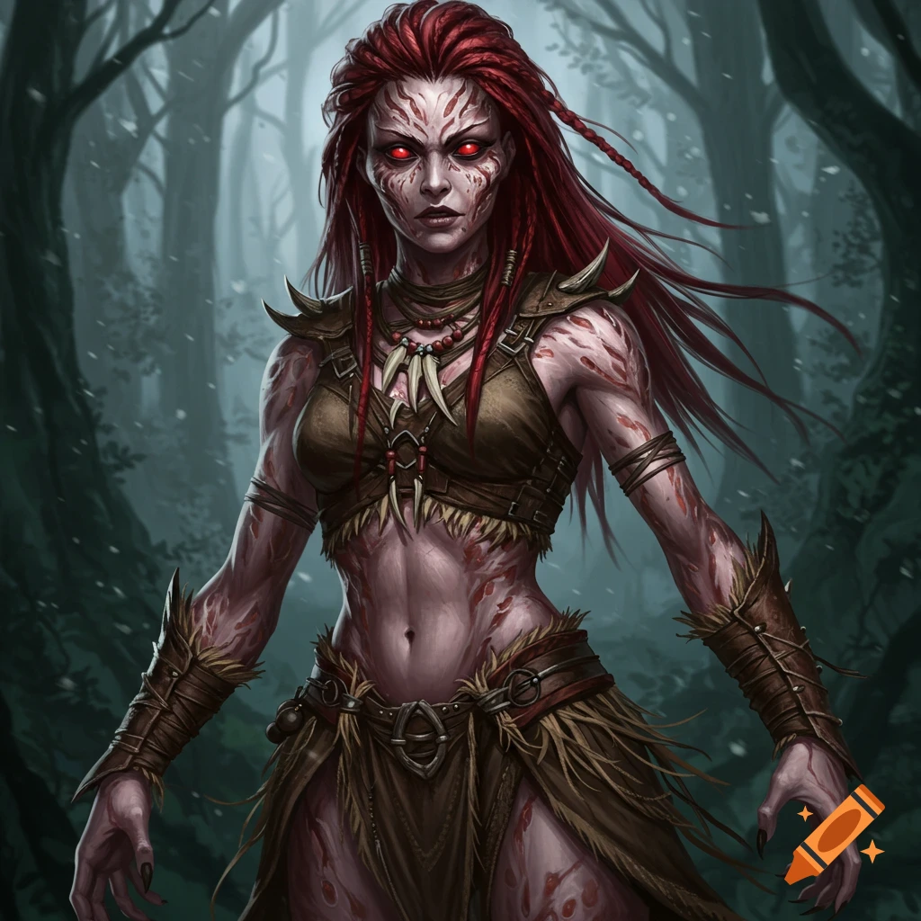 A digital painting of a fierce fantasy huntress with red hair, glowing red eyes, and tribal clothes in a snowy forest.