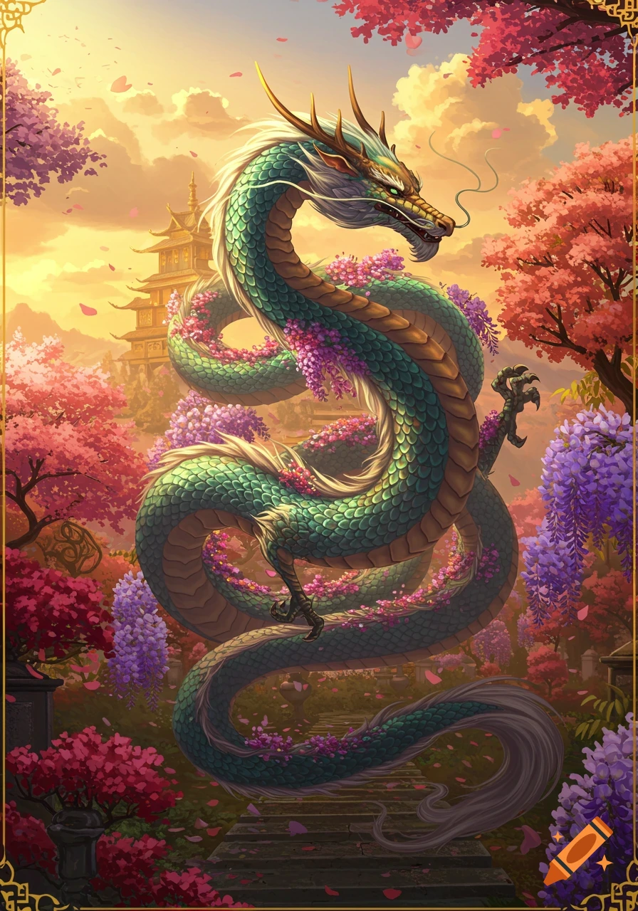 A majestic teal and gold Asian dragon coils among vibrant pink cherry blossoms and purple wisteria in a lush garden with a pagoda at sunset. Detailed art.