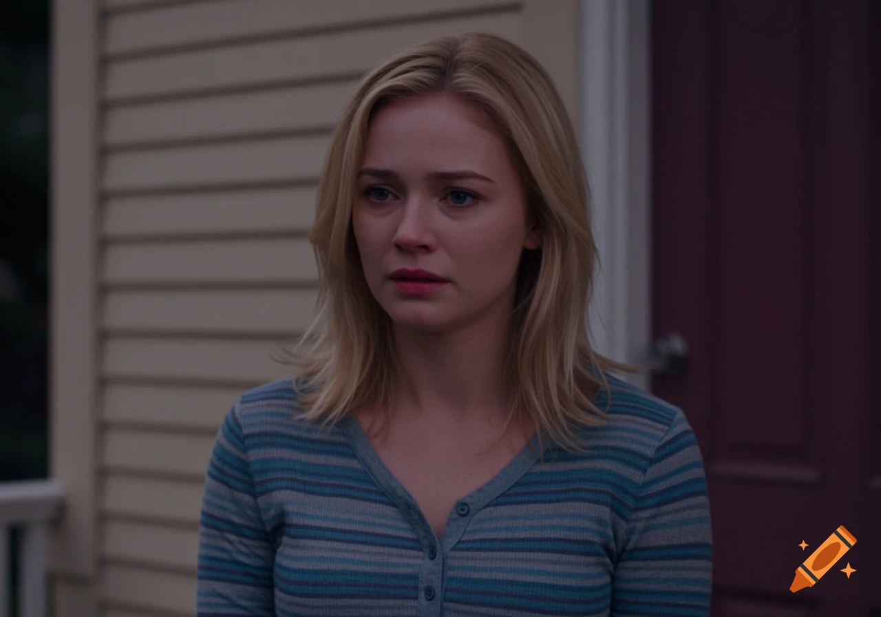 A young, light-skinned woman with shoulder-length blonde hair and a concerned expression stands in front of a house, wearing a blue and gray striped top, in a slightly grainy, somber style.