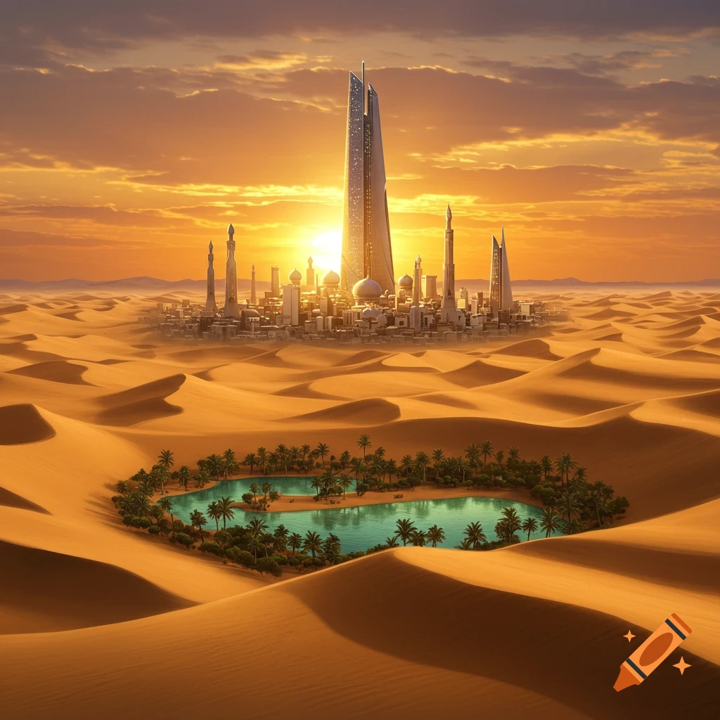 A futuristic desert city with tall skyscrapers at sunset, surrounded by vast sand dunes and a heart-shaped oasis.