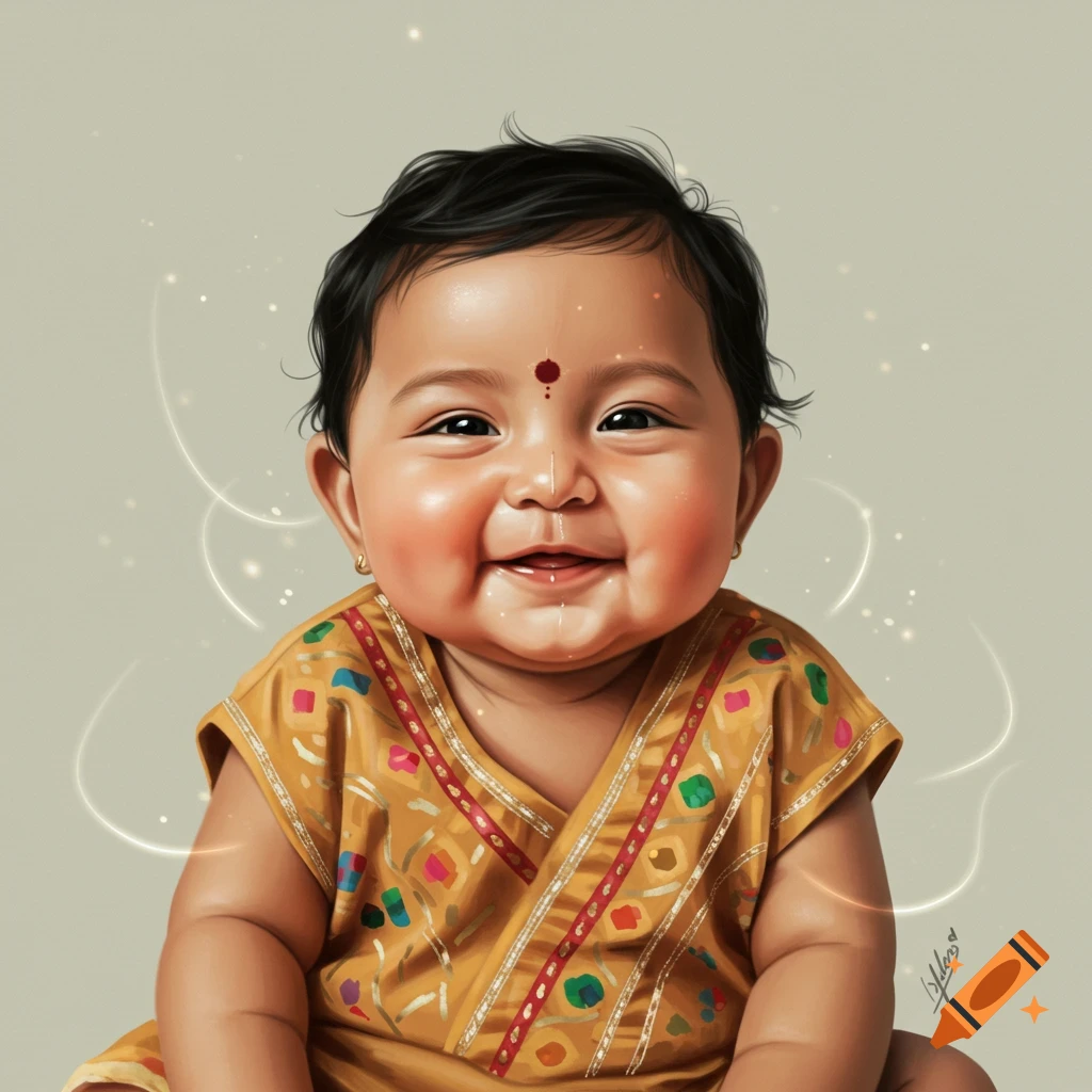 A cute, smiling baby with a bindi and gold earrings, wearing a yellow traditional outfit, in an illustration style.