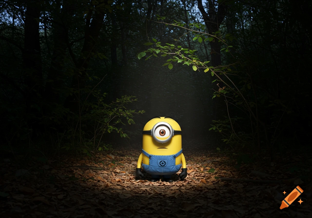 A lonely Minion stands in a dark forest, lit by a single beam of light, in a photorealistic style.