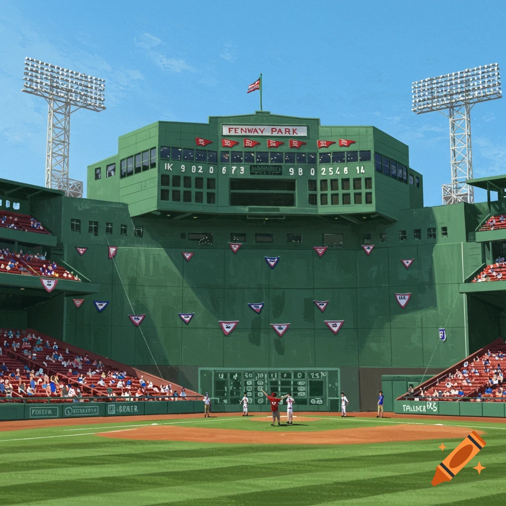 An illustrative view of Fenway Park baseball stadium, showing the iconic green monster wall, scoreboard, players on the field, and spectators in the stands under a blue sky.