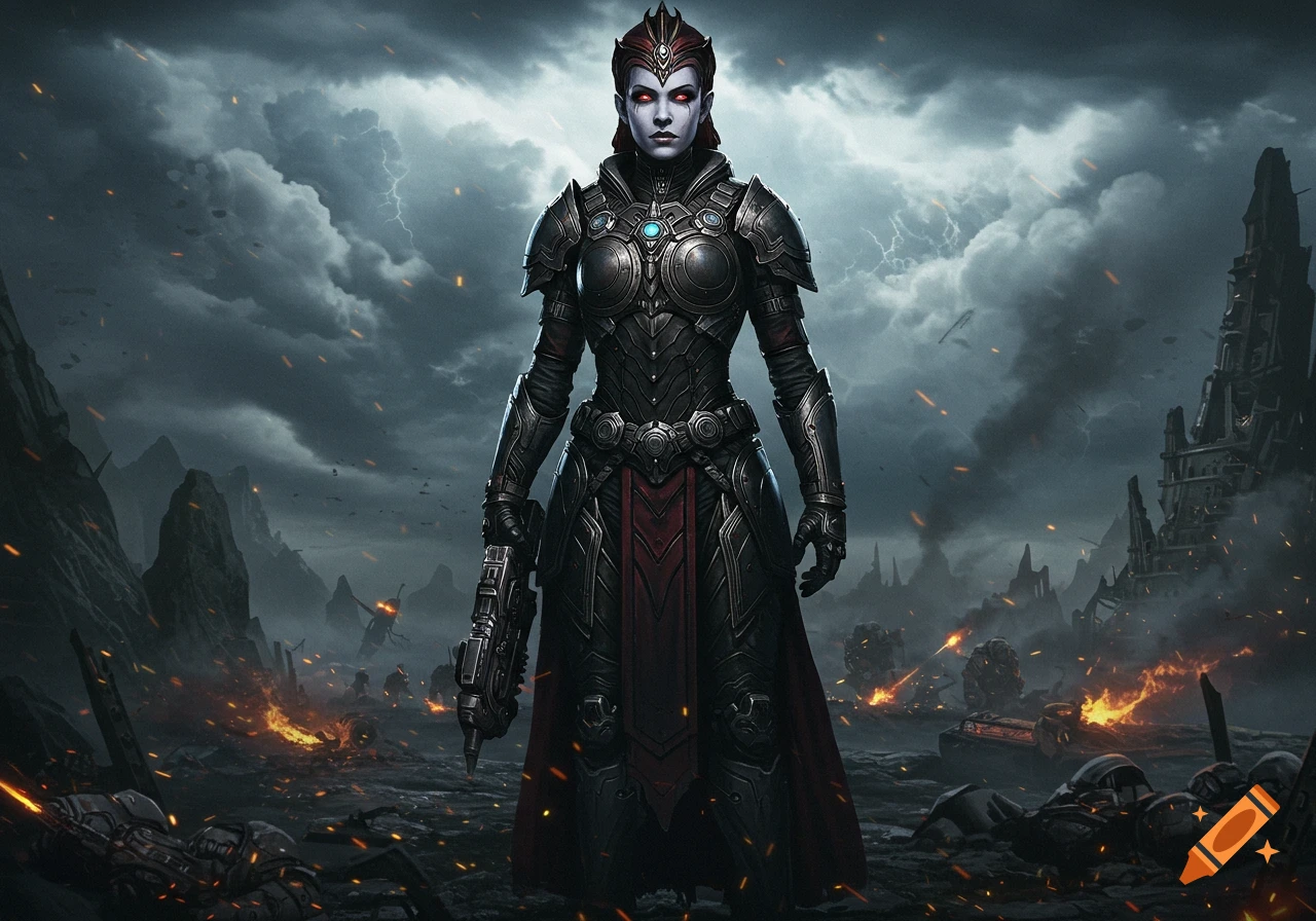 A dark queen in futuristic armor stands in a desolate, war-torn landscape under a stormy sky with lightning.