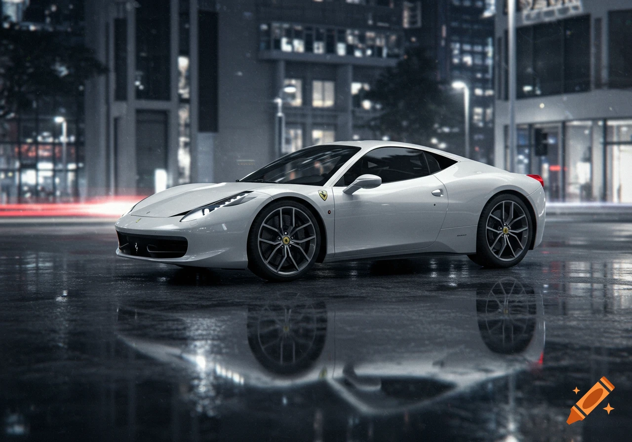 A white Ferrari sports car parked on a wet street at night, reflecting city lights.