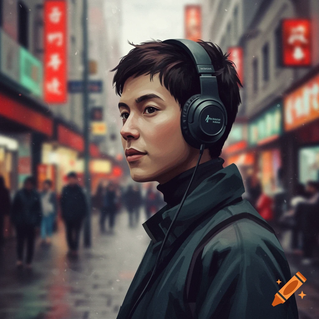 A stylized portrait of a person wearing black over-ear headphones, looking to the right on a bustling, rainy city street.