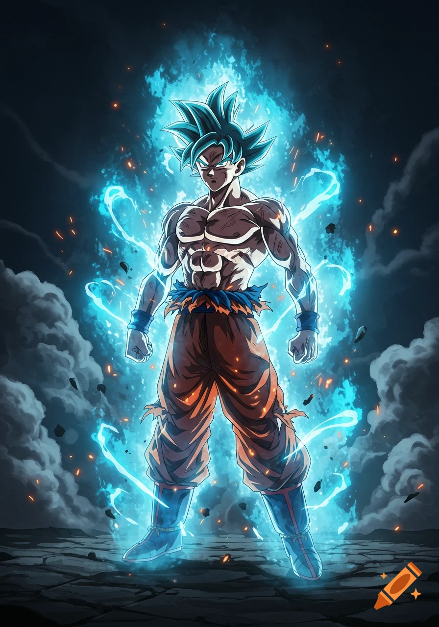 Goku in Ultra Instinct form with blue aura and sparks, surrounded by smoke and debris.