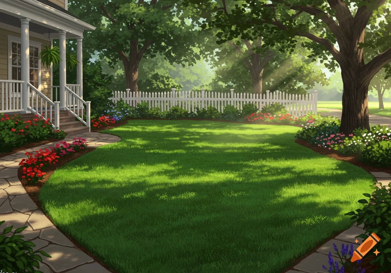 A vibrant, illustrative painting of a well-kept front yard with a green lawn, colorful flowers, a stone path, and a house with a porch.
