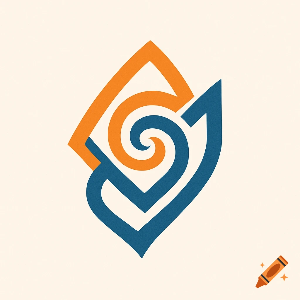 Abstract logo with interlocking orange curvy and blue geometric shapes on a light background.