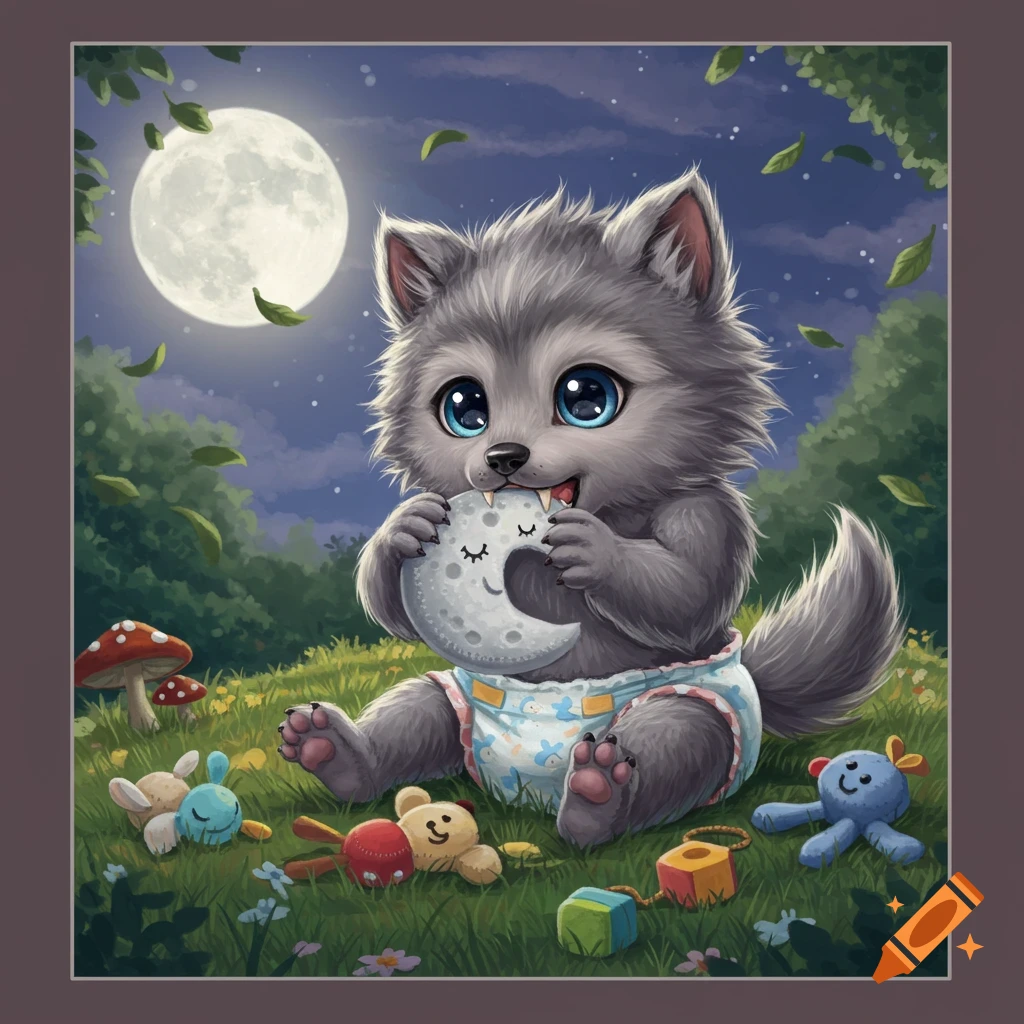 Cute cartoon baby werewolf in a diaper sitting on grass at night, holding a crescent moon toy, with a full moon and other toys nearby.