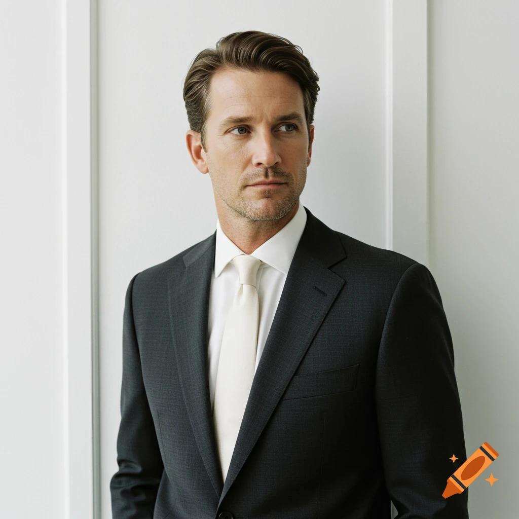 Photorealistic portrait of a man with brown hair in a dark suit and a light-colored tie against a white background.
