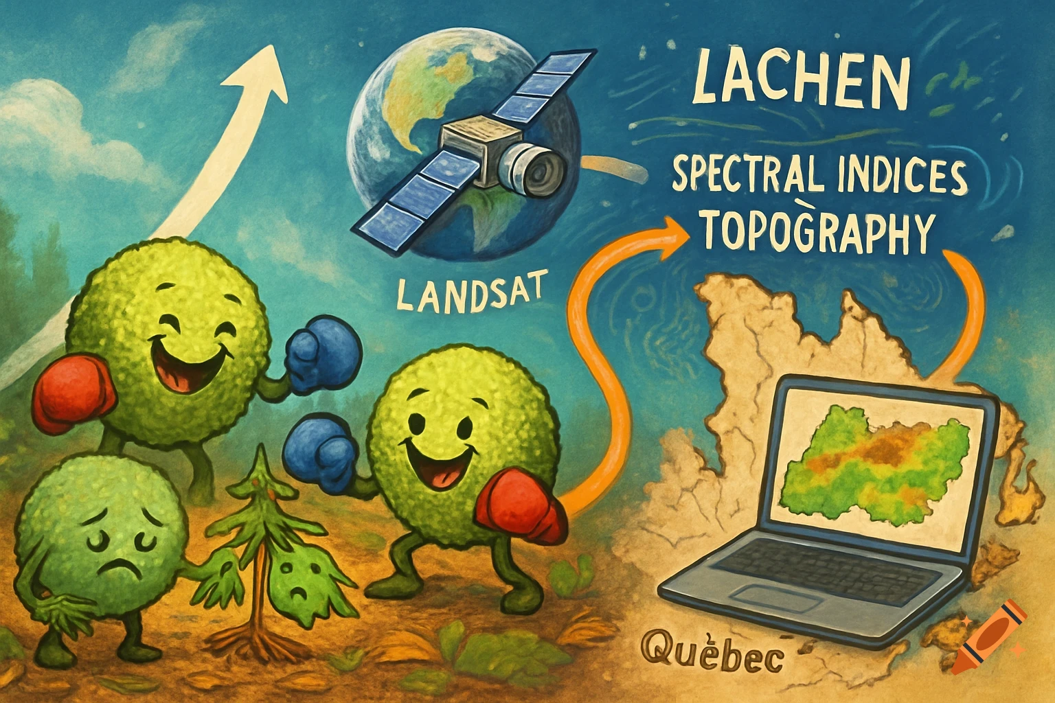 A colorful cartoon illustration depicting an ecosystem analysis. Green lichen balls with boxing gloves fight sad tiny trees. Arrows connect a Landsat satellite orbiting Earth to 'Spectral Indices + Topography', then to a laptop displaying a map of Qu 00e9bec.