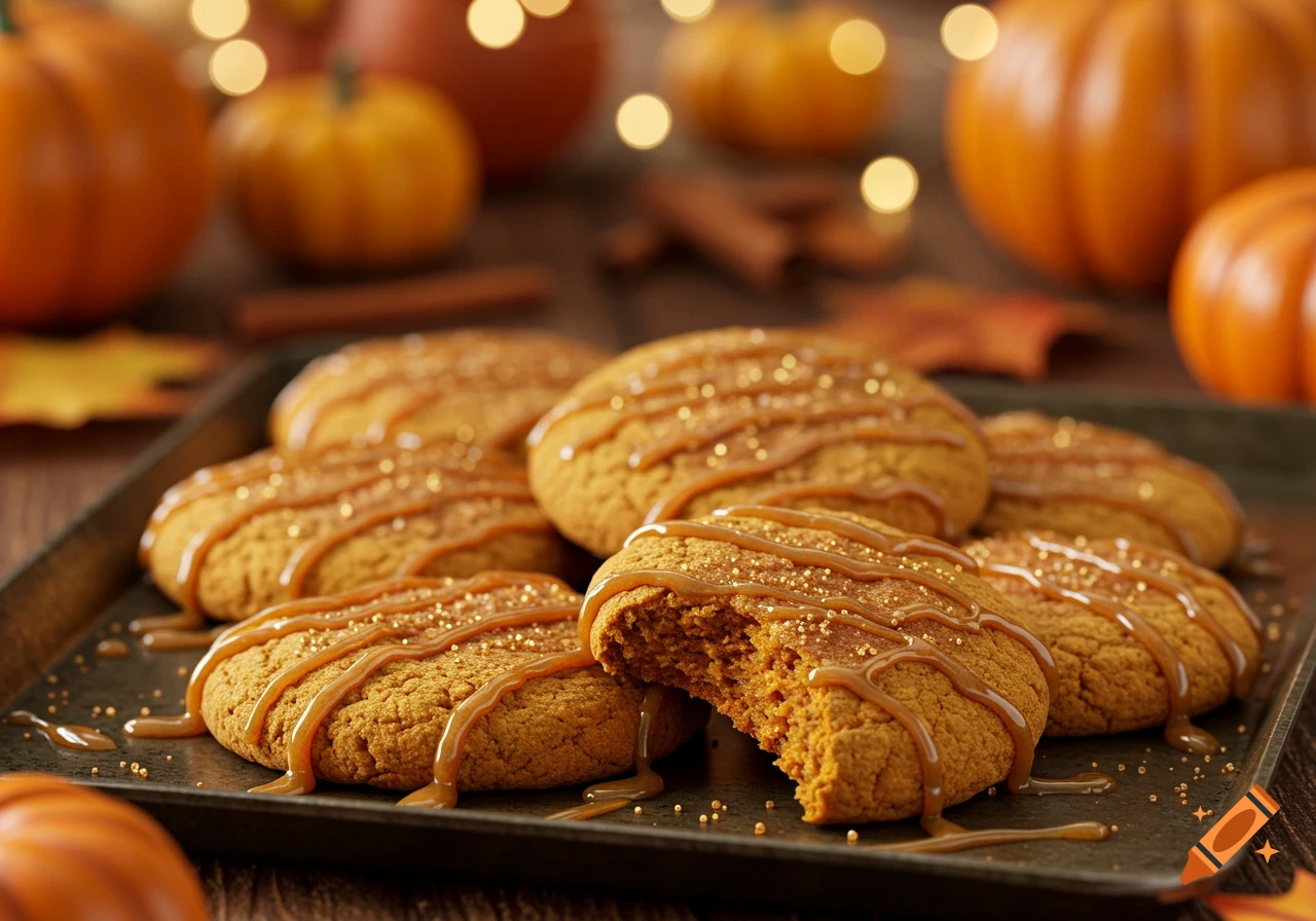 Photorealistic image of pumpkin spice cookies drizzled with maple glaze and sprinkles on a tray, with a bite taken out of one, surrounded by blurred pumpkins and fall leaves.