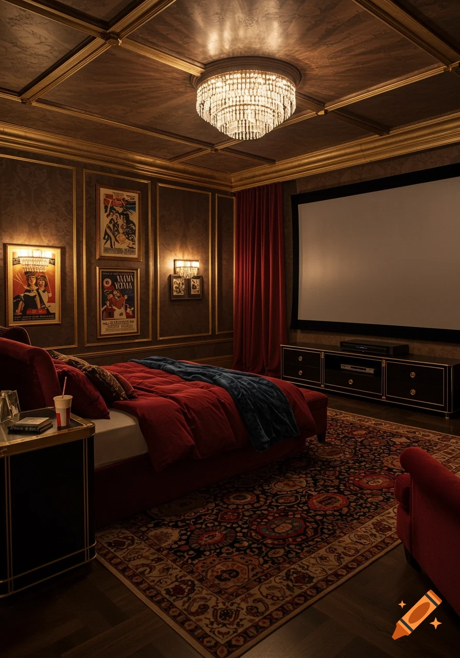 A luxurious home cinema bedroom featuring a large projection screen, red velvet bedding, decorative gold-trimmed walls, and a grand chandelier.