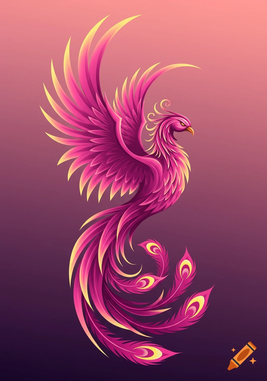 A vibrant, stylized pink and purple phoenix with yellow accents, gracefully ascending.