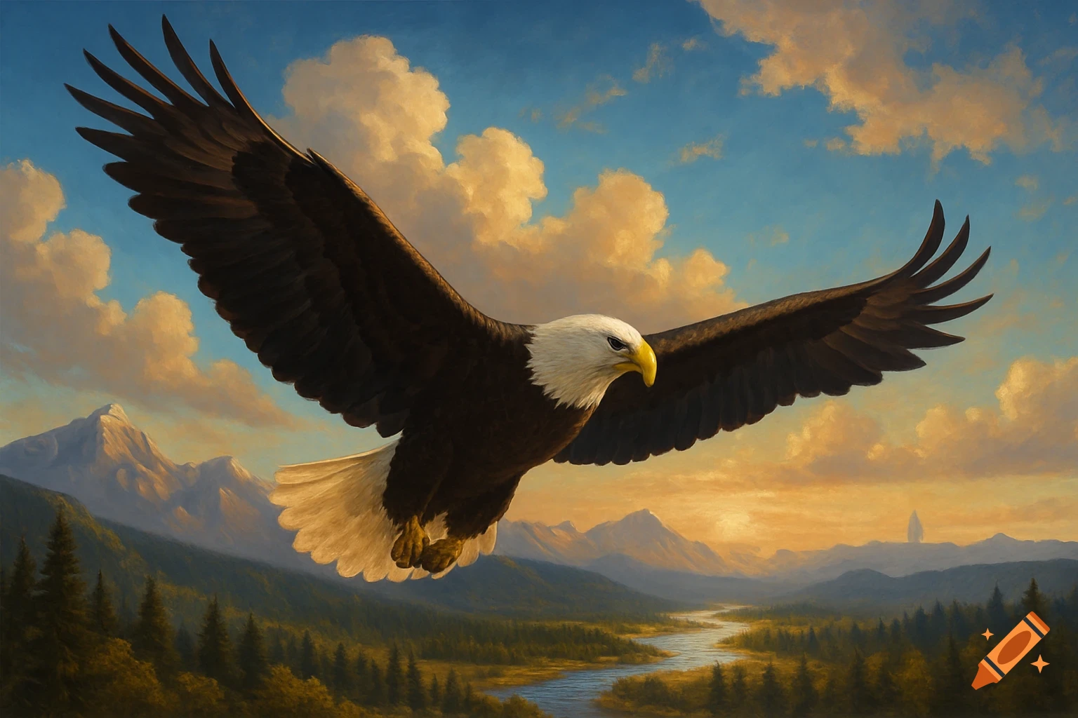 A majestic bald eagle in flight over a vast painted landscape with mountains, forests, and a river under a sunset sky.