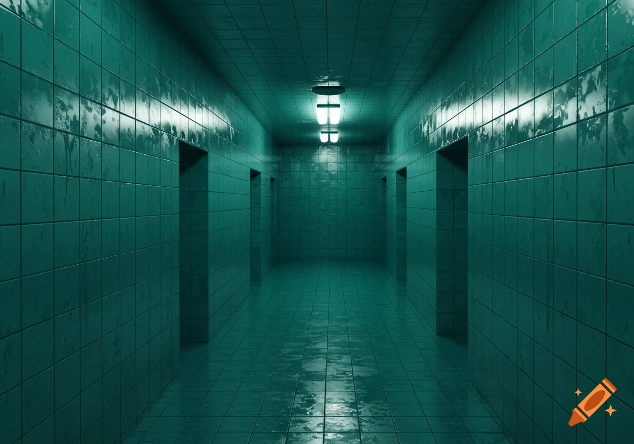 A long, dark, empty corridor with teal tiled walls and floor, lit by overhead fluorescent lights, creating a damp, abandoned atmosphere.