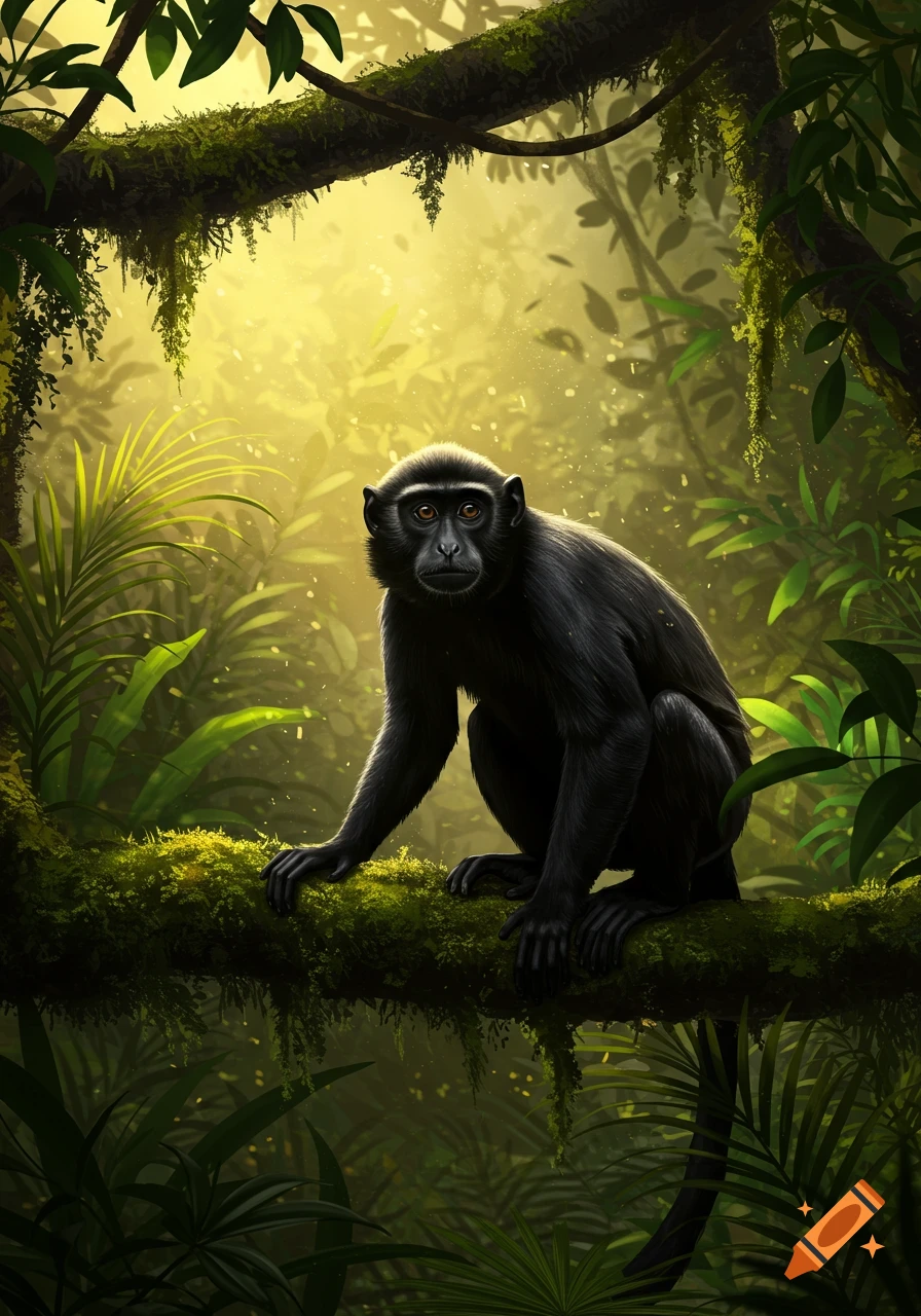 A black monkey sits on a mossy tree branch in a lush, sunlit jungle.