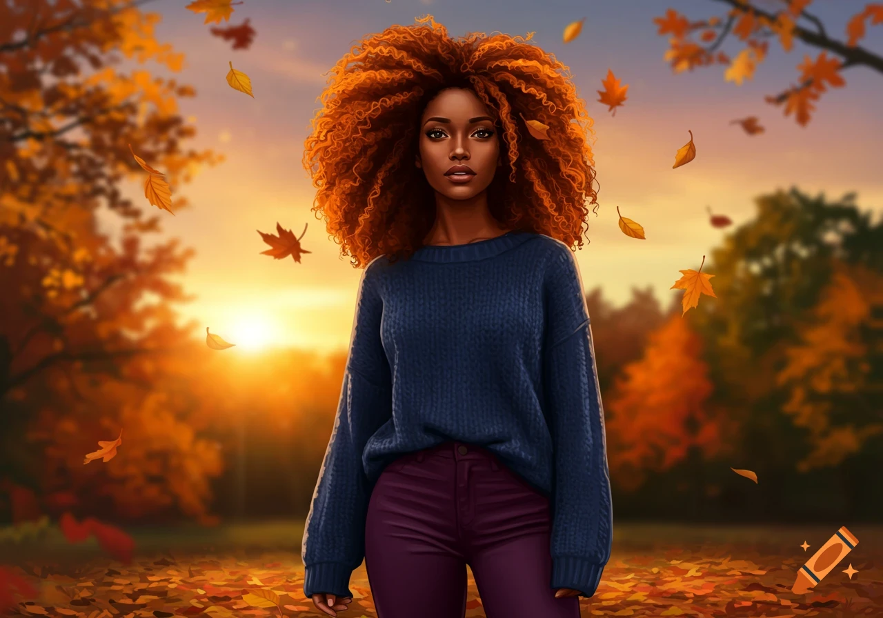 A digital painting of a Black woman with voluminous red hair, wearing a blue sweater and purple pants, standing in an autumn forest at sunset.