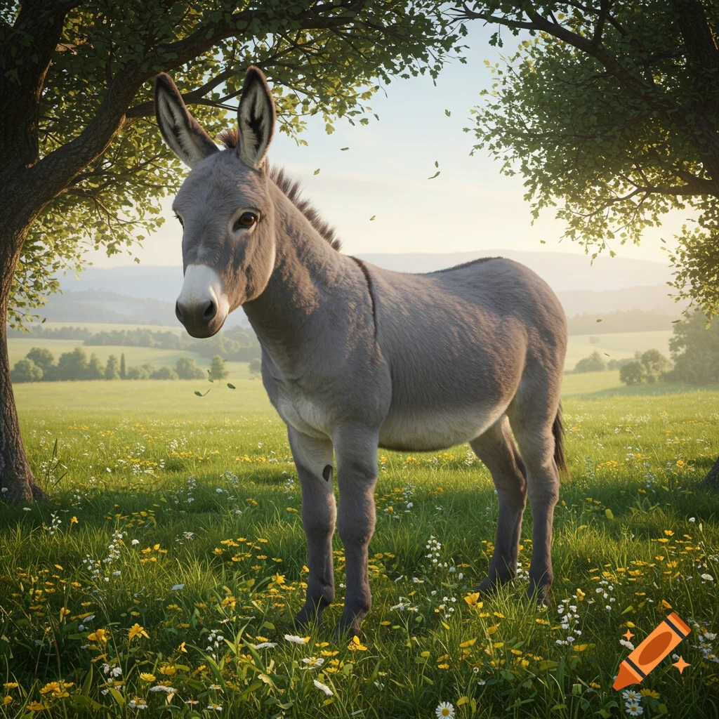 A photorealistic donkey stands in a vibrant green field filled with yellow and white wildflowers under the shade of trees.