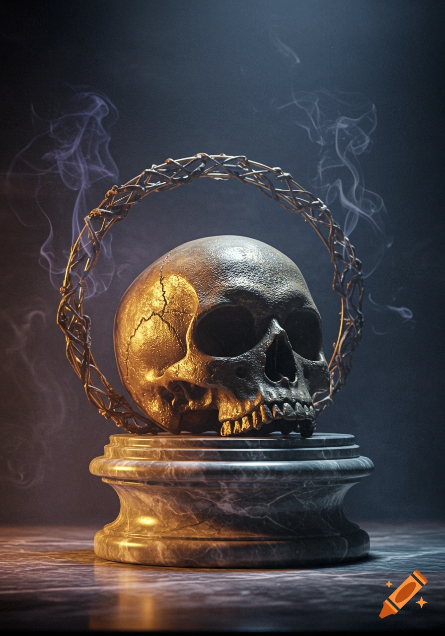 A golden-brown skull on a marble pedestal with a metal wreath and smoke in dramatic lighting.