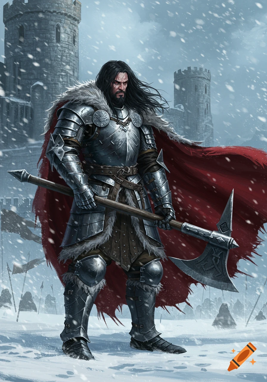 A heavily armored warrior with long dark hair and a red cape holds a battleaxe in a snowy landscape with castles in the background.