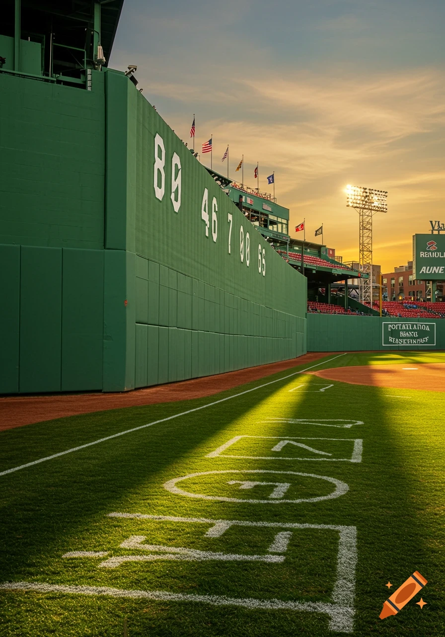 A view of the Green Monster wall in left field at Fenway Park, bathed in golden hour sunlight, with field markings in the foreground.