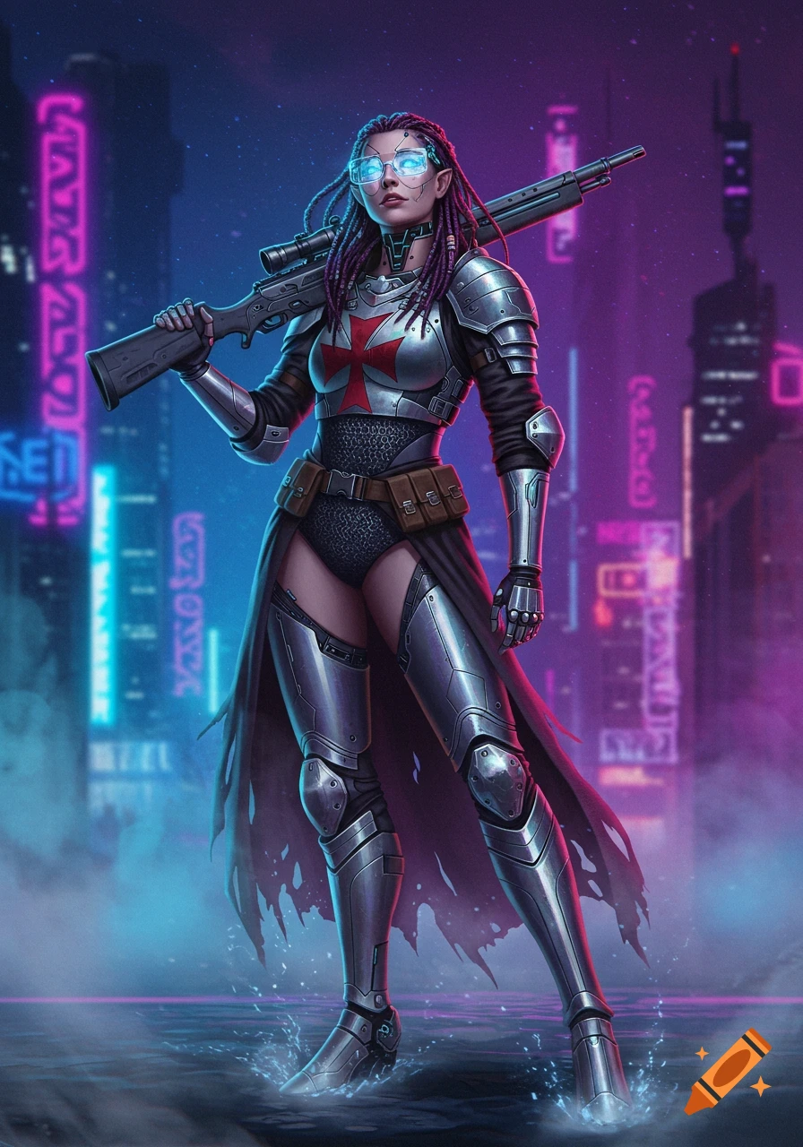 A cyberpunk templar warrior with dreadlocks and glowing glasses stands with a rifle over her shoulder in a neon-lit futuristic city.