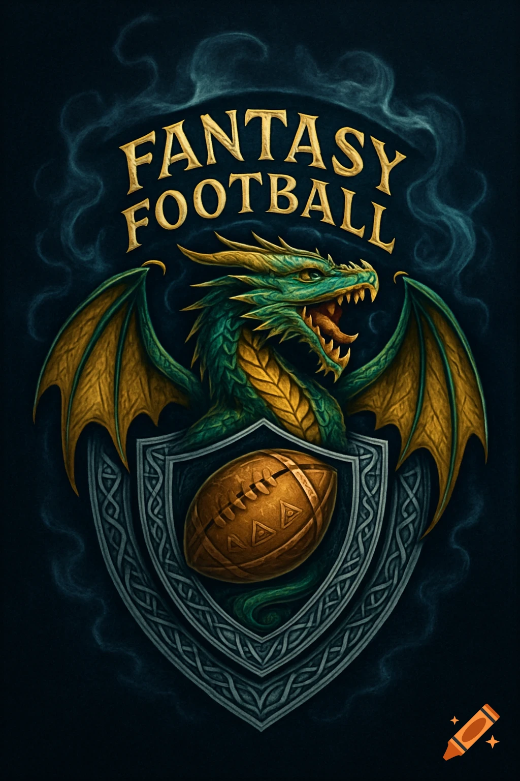 A fantasy illustration featuring a green and gold dragon clutching a football over a shield, with "FANTASY FOOTBALL" text above.