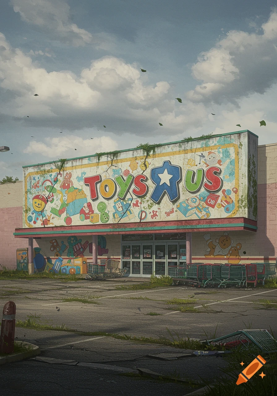 Photorealistic image of an abandoned, dilapidated Toys R Us store under a cloudy sky, with an overgrown parking lot and shopping carts.