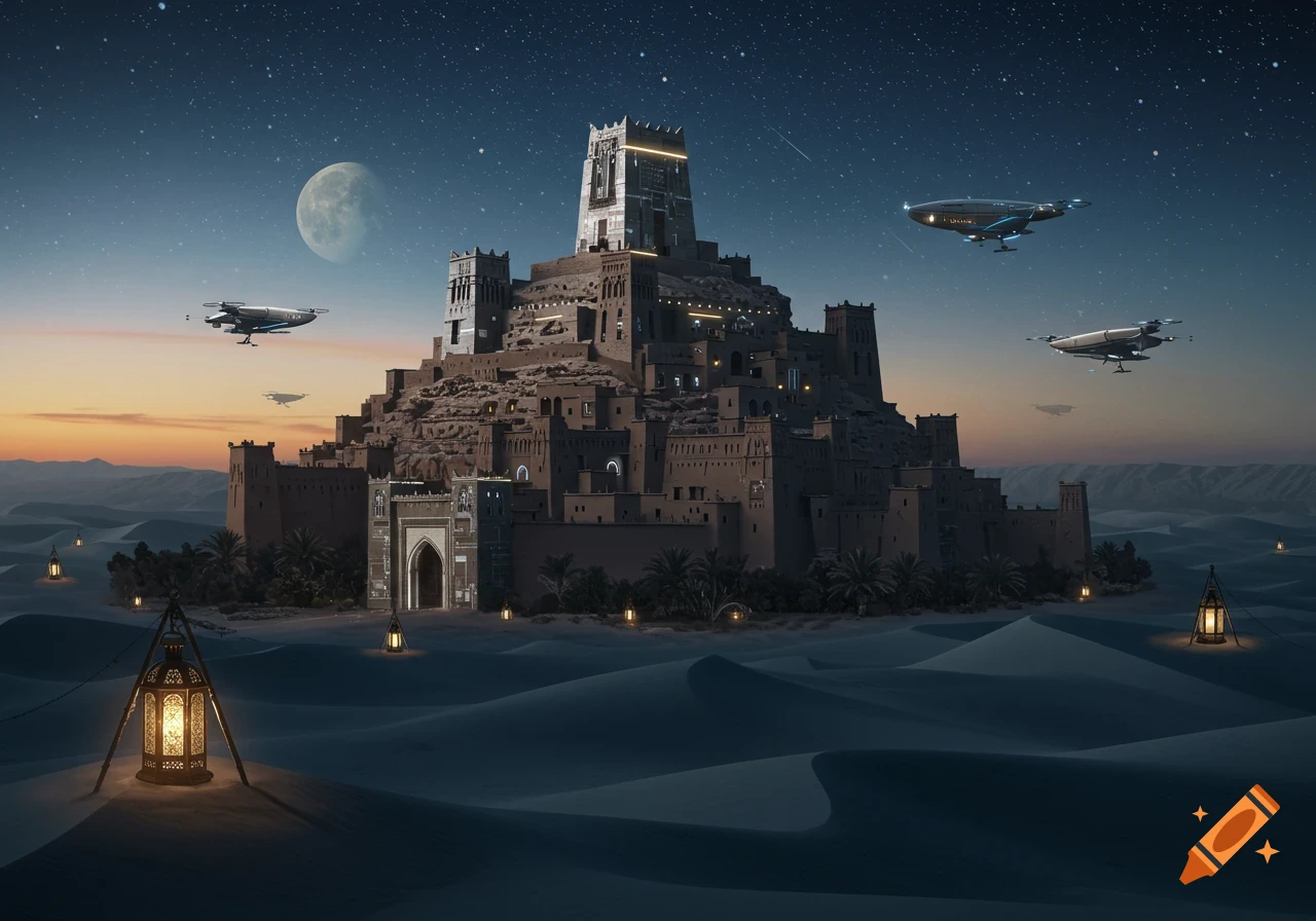 A futuristic kasbah city in a desert at night under a starry sky with a large moon and flying spaceships.
