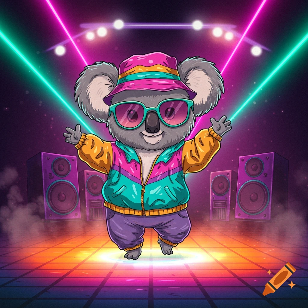 A cartoon koala in a bucket hat and 90s retro outfit dances on a glowing grid floor surrounded by neon laser lights and speakers.