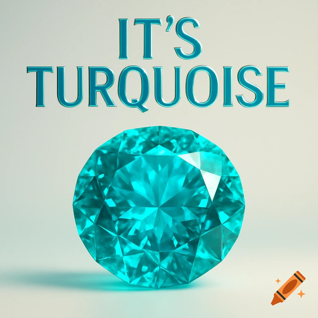 A round, faceted turquoise gemstone sits below the large text "IT'S TURQUOISE" on a light background.