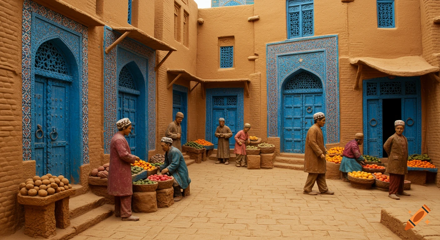 A sand-painting style image of an old market street scene with vendors selling produce in front of buildings with intricate blue doors.