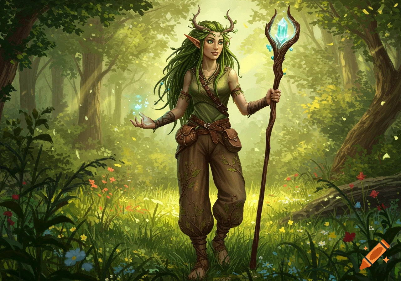 A green-haired elf druid with antlers stands in a lush forest, holding a crystal-topped staff and conjuring glowing blue butterflies, in a painterly style.