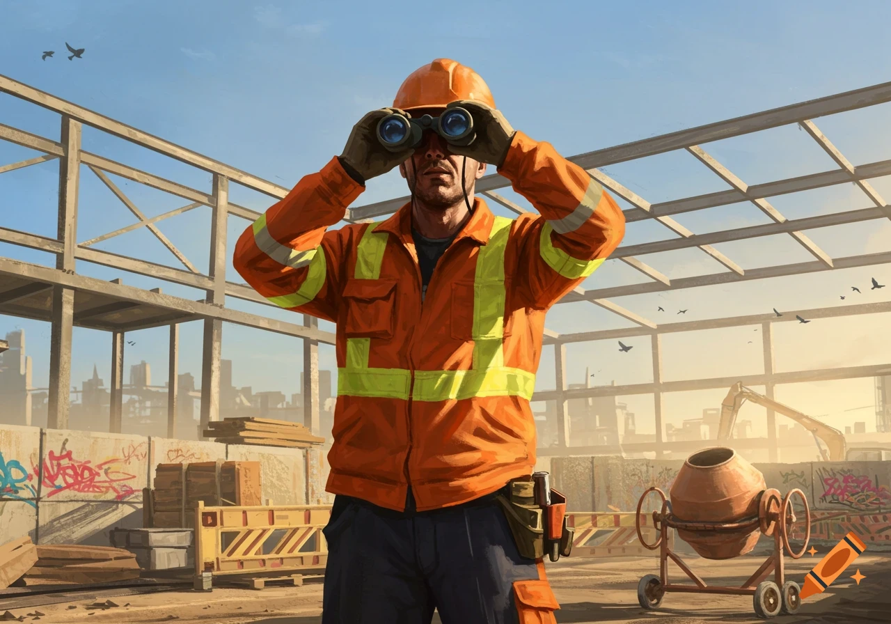 A construction worker in an orange jacket and hard hat looks through binoculars at a construction site.
