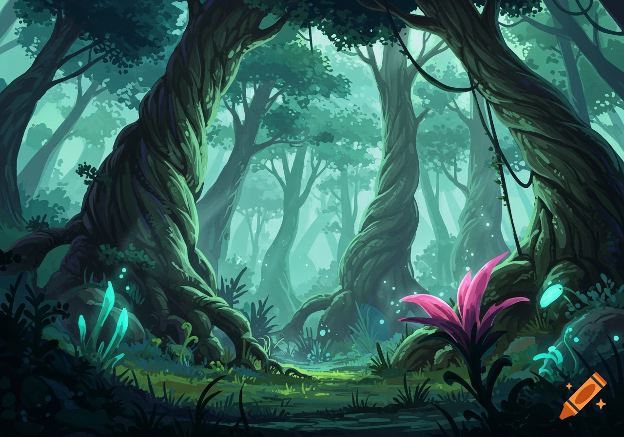 A cell-shaded fantasy forest with glowing plants and twisted trees, bathed in a mystical green light.