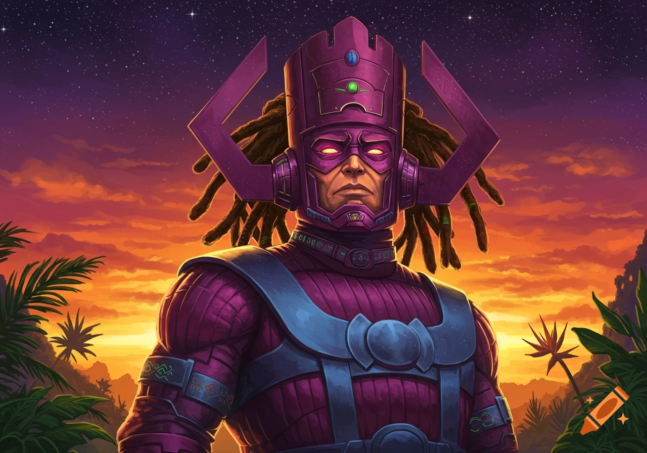 An epic illustration of Galactus with dreadlocks, wearing his iconic purple armor, standing against a vibrant sunset sky over a tropical landscape.